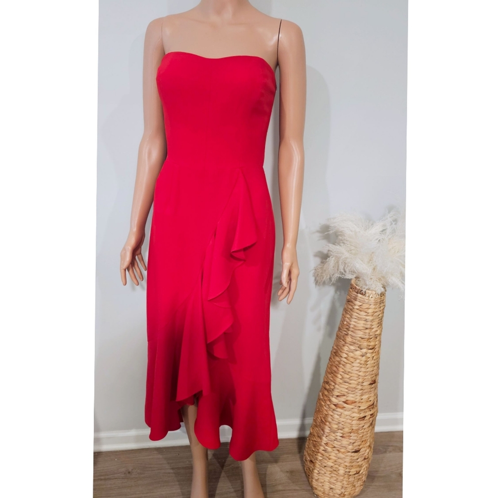 Amanda Uprichard Scarlett Strapless Ruffle Hem Long Elegant Dress